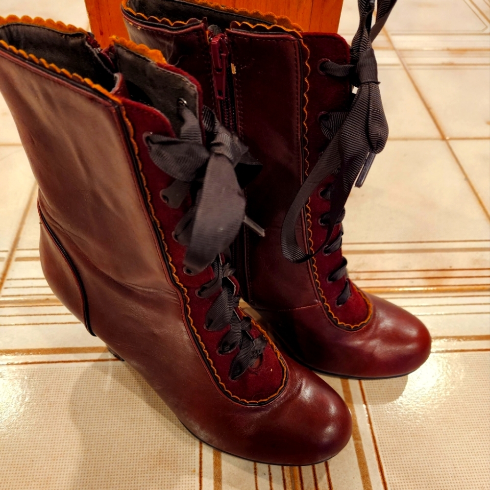 Burgundy lace up vintage style boots
